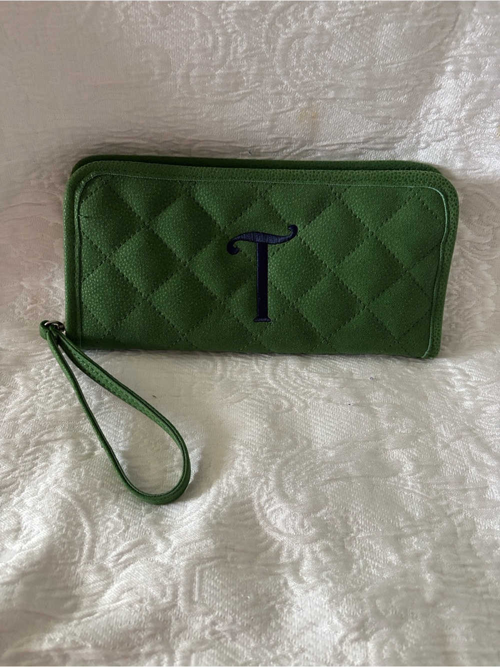 Green Quilted Zip Wallet with Embroidered Monogram